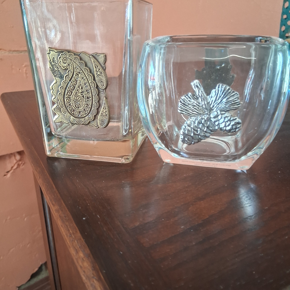 Decorative Glass Vases with Gold and Silver Accents. One Curved Cubed, One Sq.